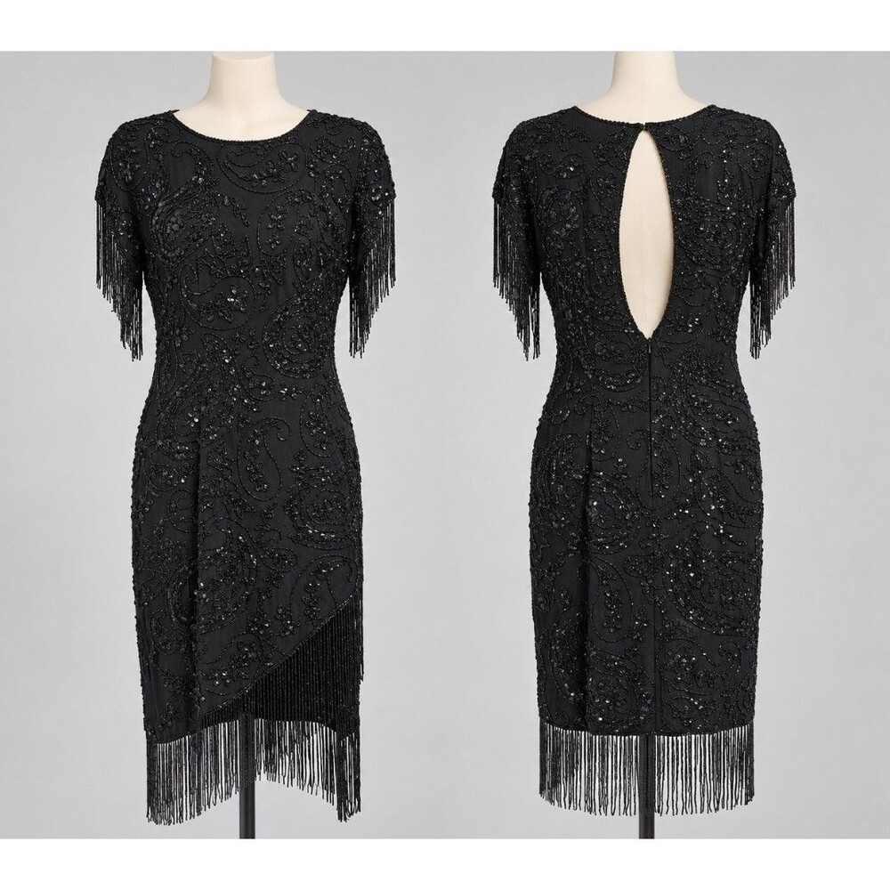 VTG 80s Black Sequined Beaded Fringe Asymmetric Silk Dress 6 Gatsby Flapper EUC